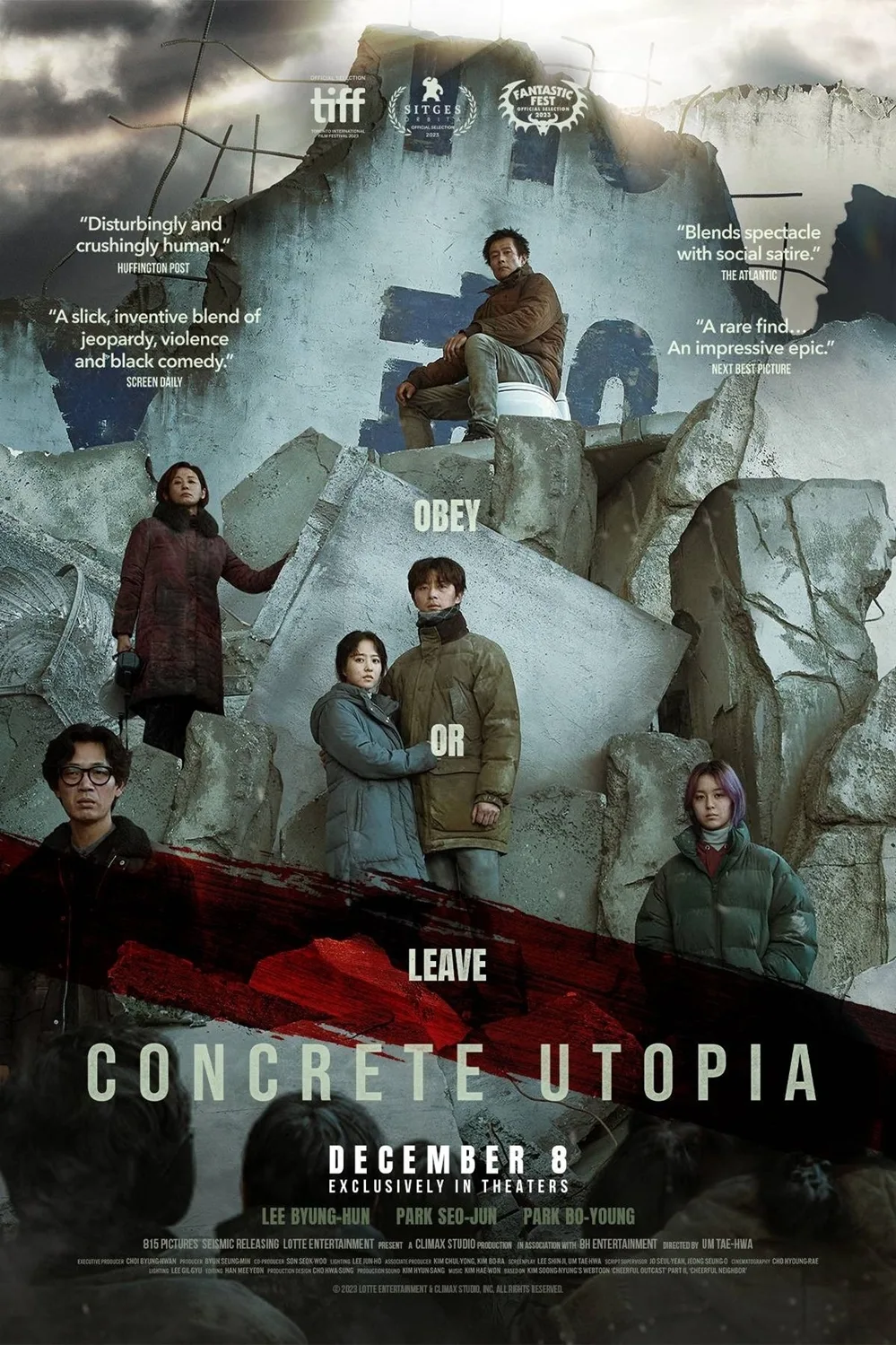 In the korean movie, Concrete Utopia - After a massive earthquake, only one apartment building is left standing in Seoul, South Korea.
